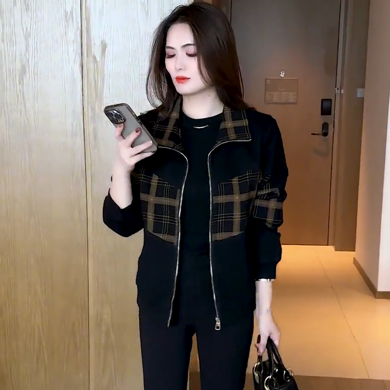 拉夏贝尔时尚设计感短款外套女2025秋季新款格纹翻领显瘦百搭上衣