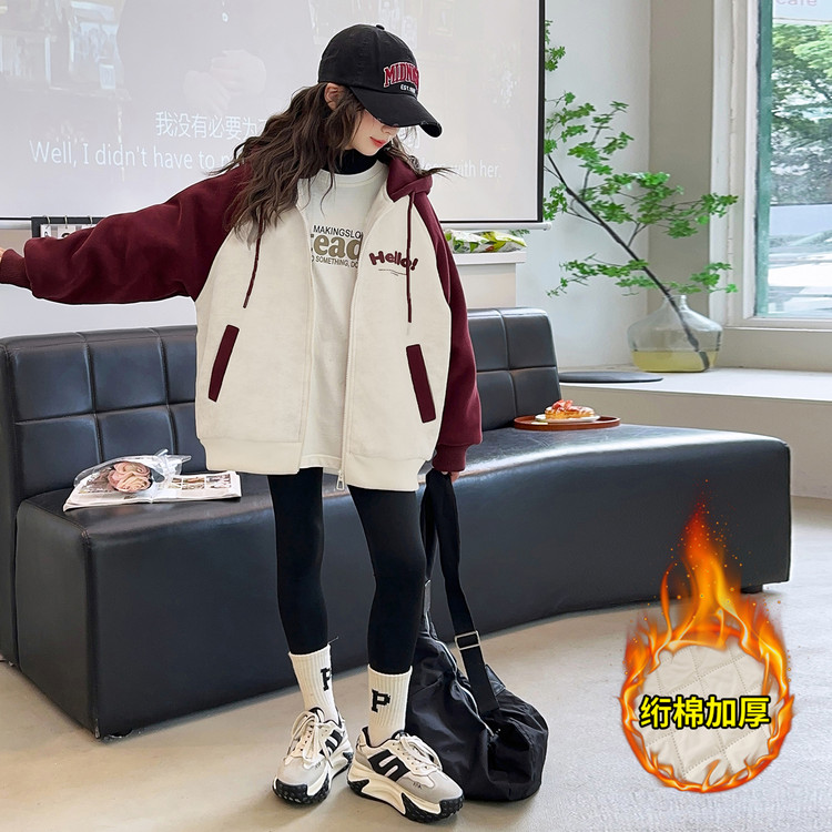 女大童棒球服外套夹棉加厚秋冬款2025新款连帽洋气时髦初中生上衣