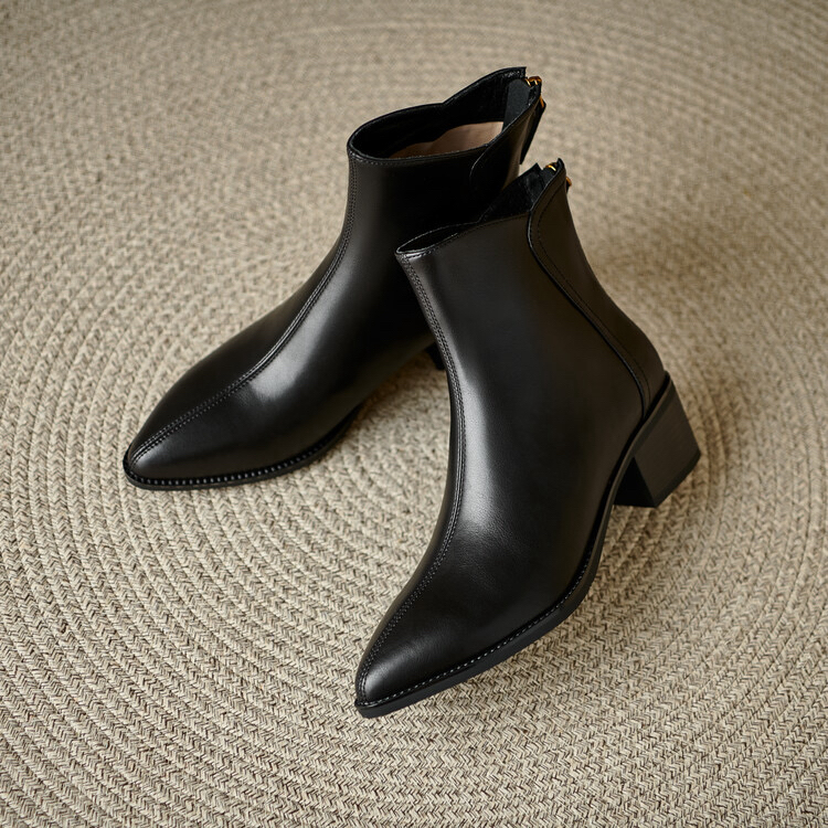 牛皮 跟5cm34-41复古尖头加绒粗跟真皮秋冬短靴女保暖百搭