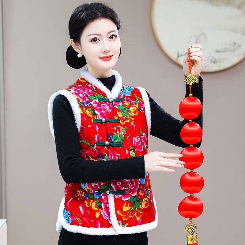 新款时尚保暖棉袄马甲加绒民族风演出拜年服东北花马夹扭秧歌坎肩