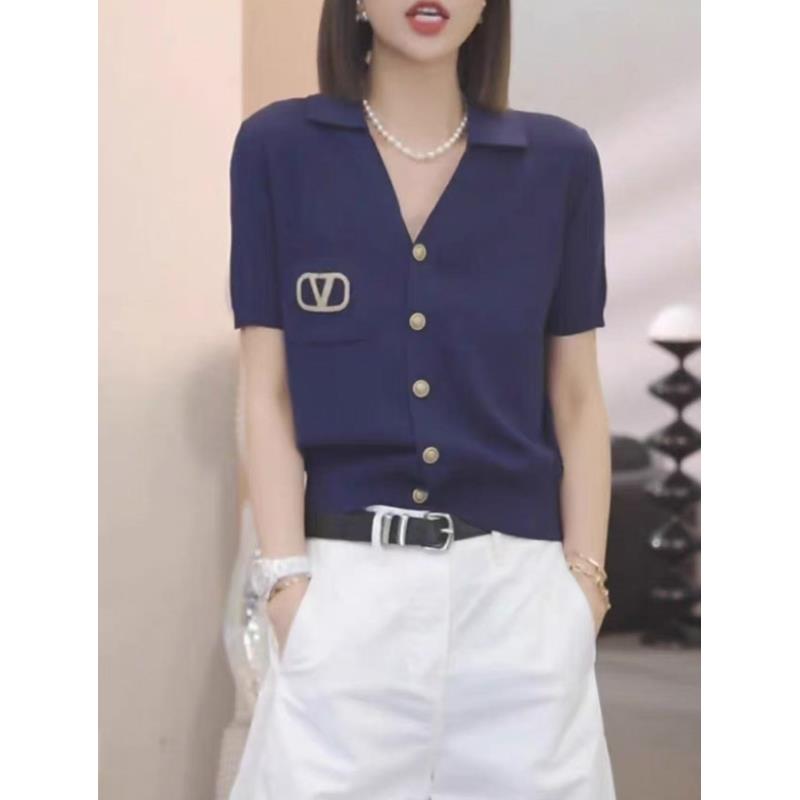 小香风短袖针织开衫女刺绣2025夏季宽松显瘦百搭拼色条纹上衣5218