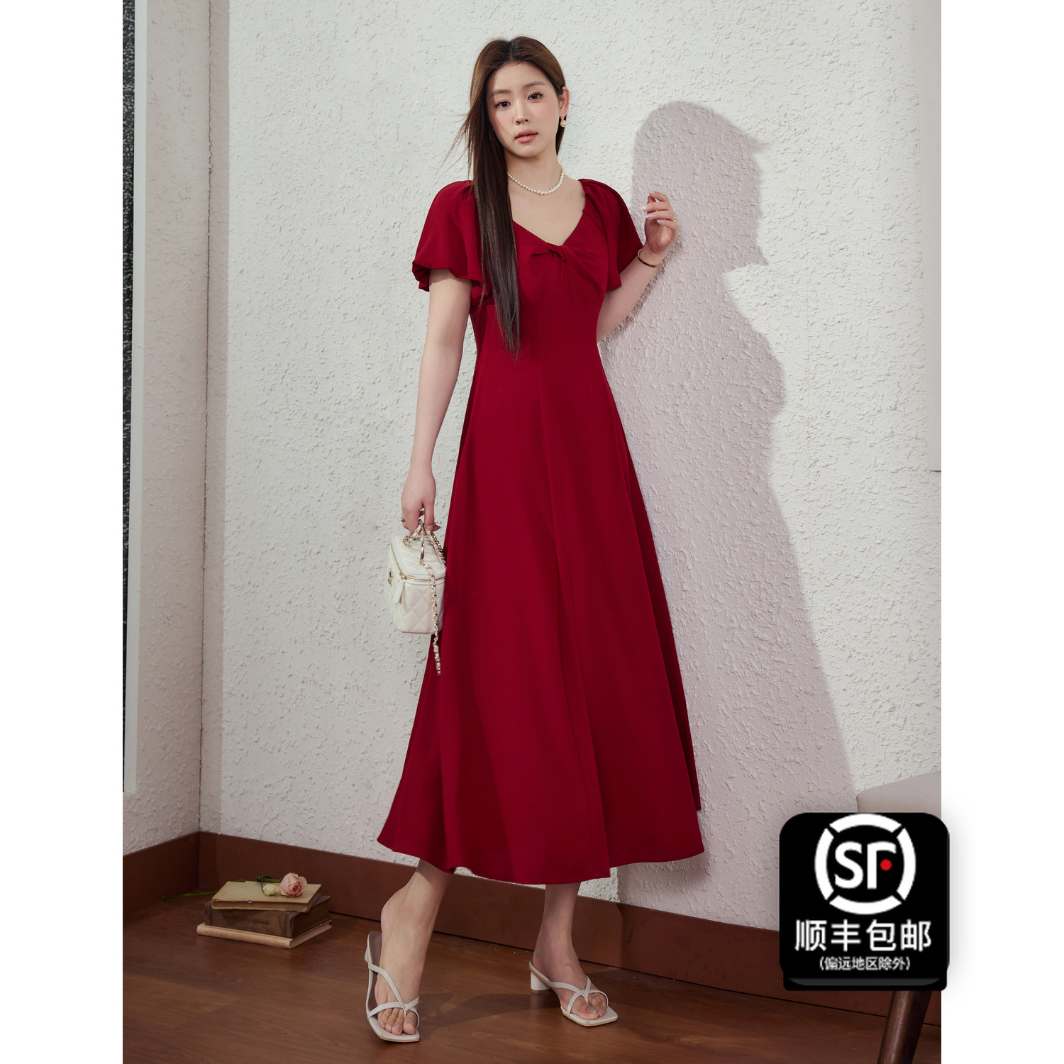 蓝语大码胖mm法式红色订婚礼服连衣裙2025夏季花苞袖显瘦a字长裙