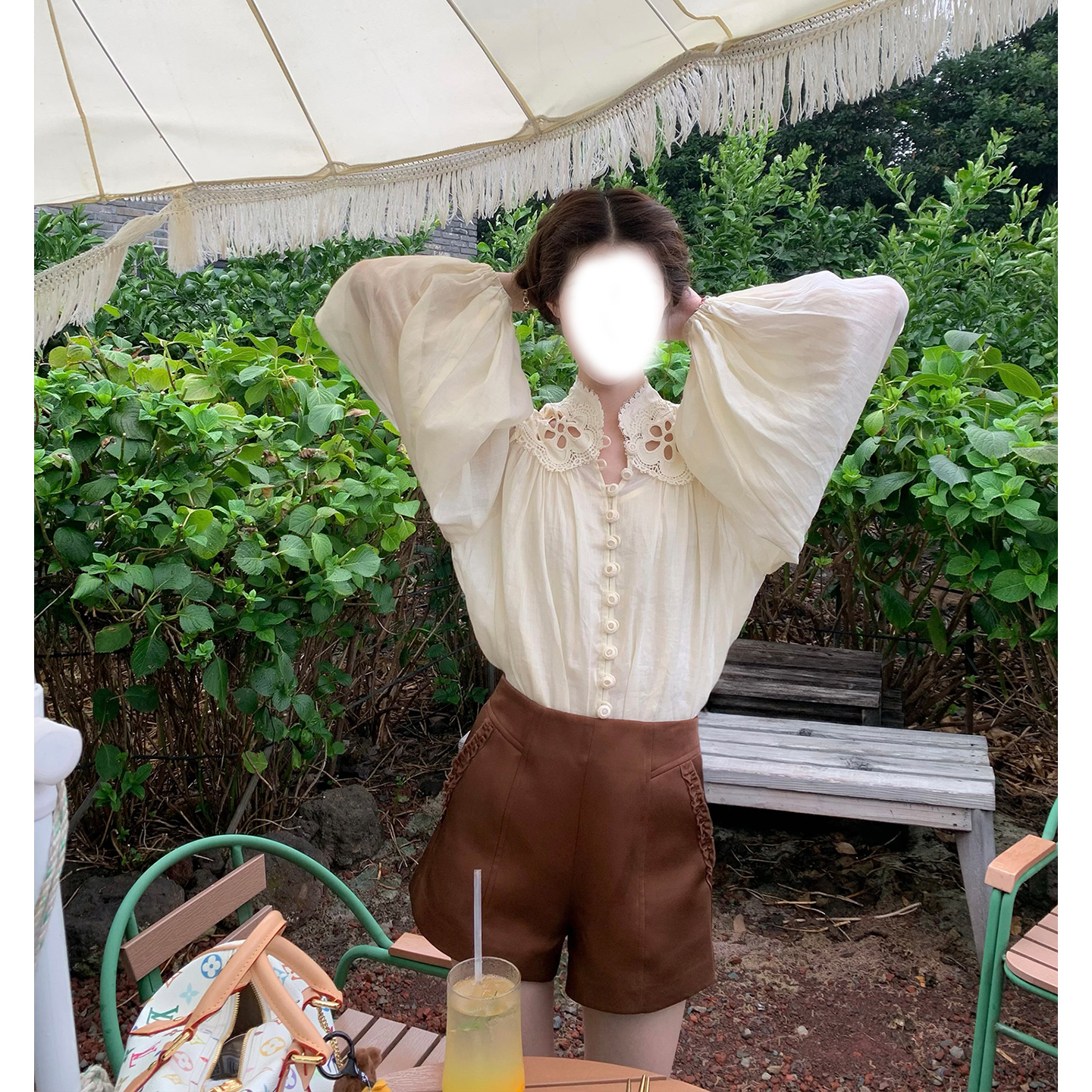 刘亦菲同款法式镂空刺绣灯笼袖衬衫女设计感慵懒苎麻棉麻长袖上衣