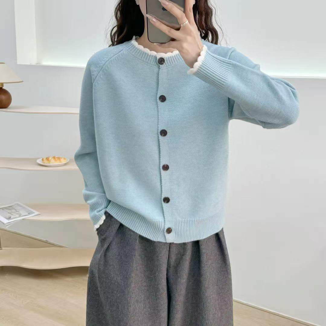 【现货+运补】拼色花边领毛衣开衫女宽松长袖针织衫秋季新款外套
