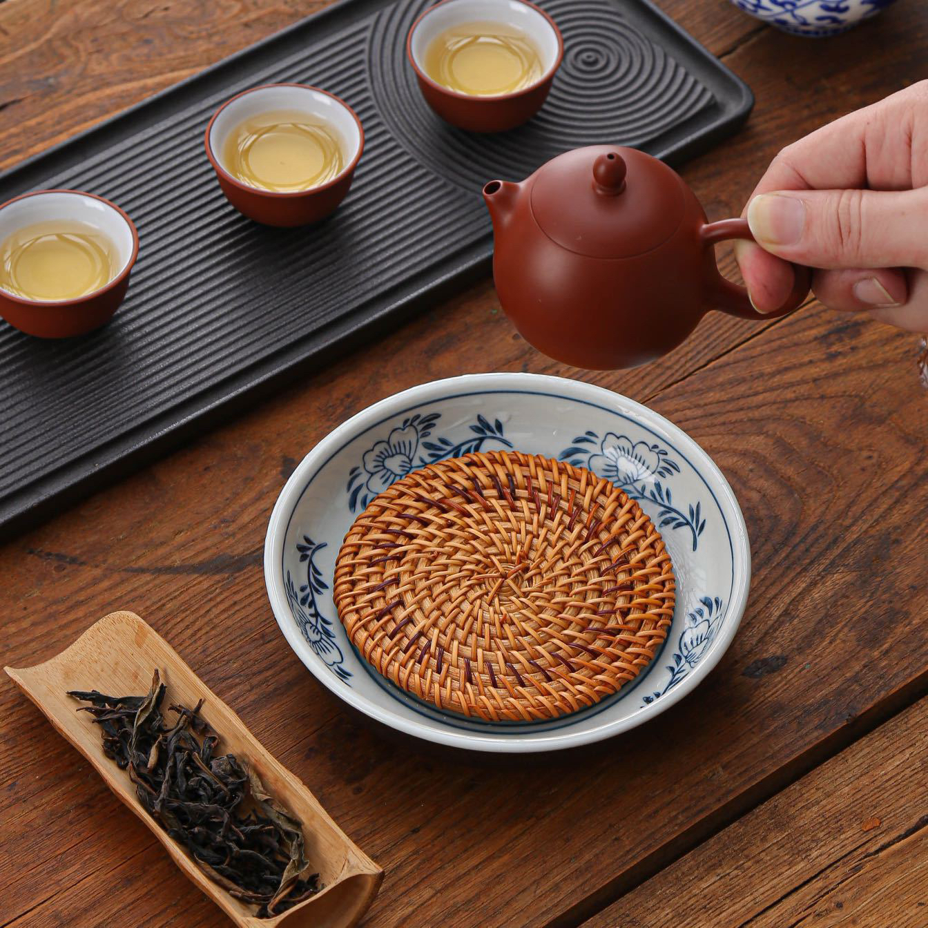 复古蓝莲花壶承编藤干泡台养壶壶承养紫砂壶茶托壶承储水式茶台