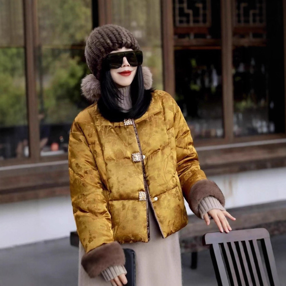 冬季新中式复古毛边拼接加厚圆领棉服秋冬女洋气百搭时尚外套棉衣