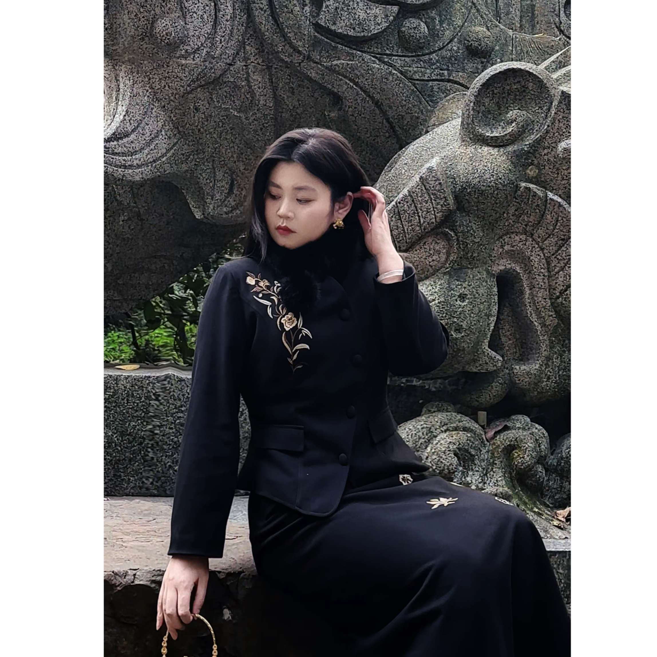 码加加56894胖MM2025秋冬新款新中式羽绒百搭显瘦旗袍连衣裙套装