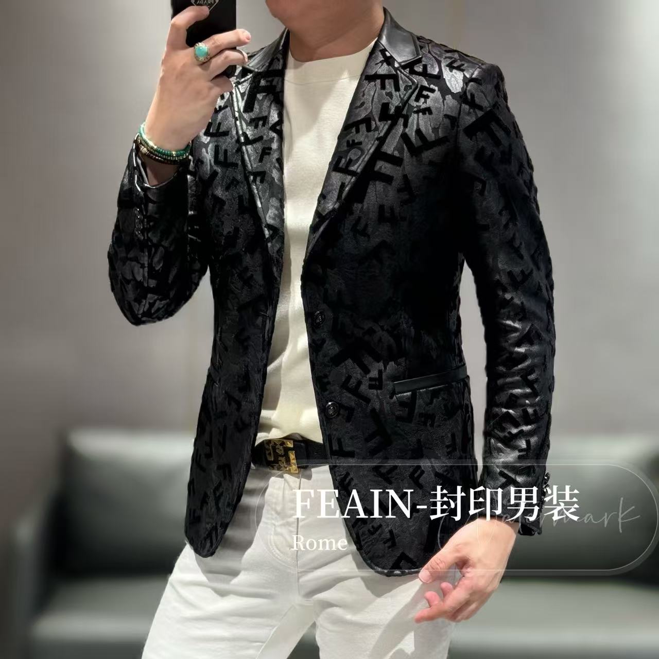 【FEAIN品牌】进口羊皮拼接立体激光植绒雕花F家高定男士西装828