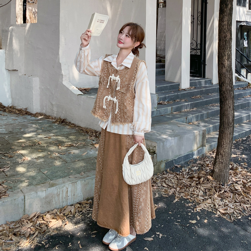 韩系ins风文艺范套装2025春秋新款小香风马甲条纹衬衫半裙三件套