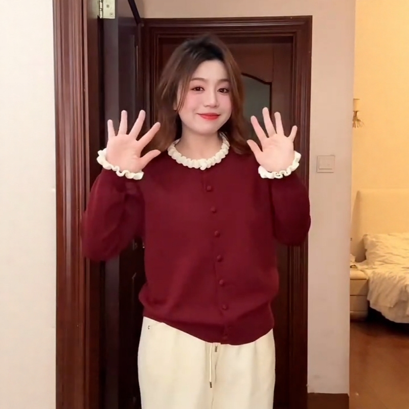 大码复古红色木耳边圆领针织开衫女秋冬新款胖mm遮肉显瘦毛衣外套