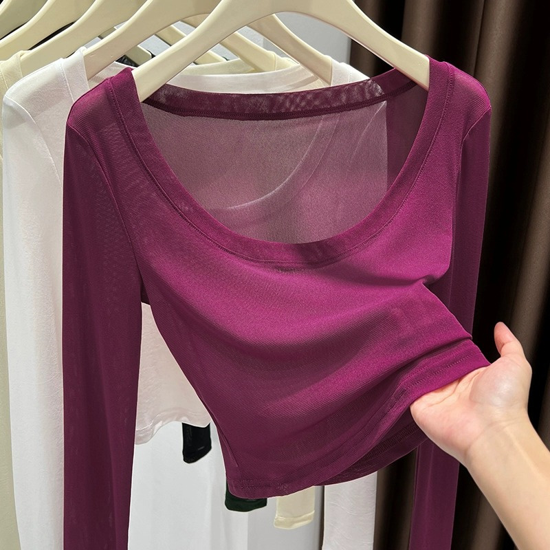 火龙果色时髦洋气短款夏季微透网纱设计感长袖T恤女2025新款上衣