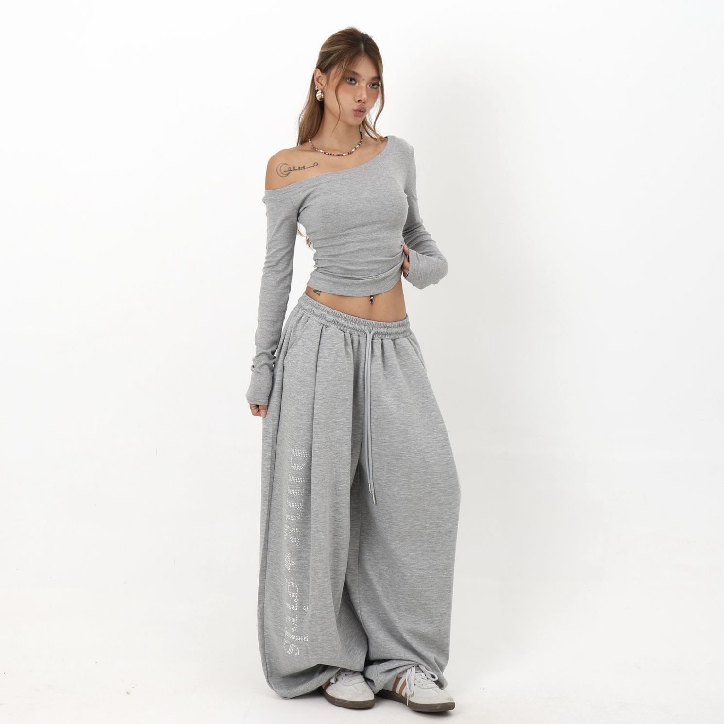 欧美街头嘻哈运动裤女重工烫钻显瘦宽松大板型抽绳两穿拖地休闲裤