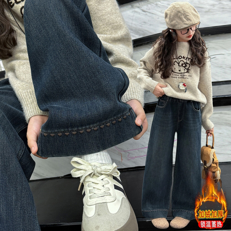 女12-15岁加绒学生裤子女童加厚锁温显瘦高腰外穿宽松直筒阔腿裤