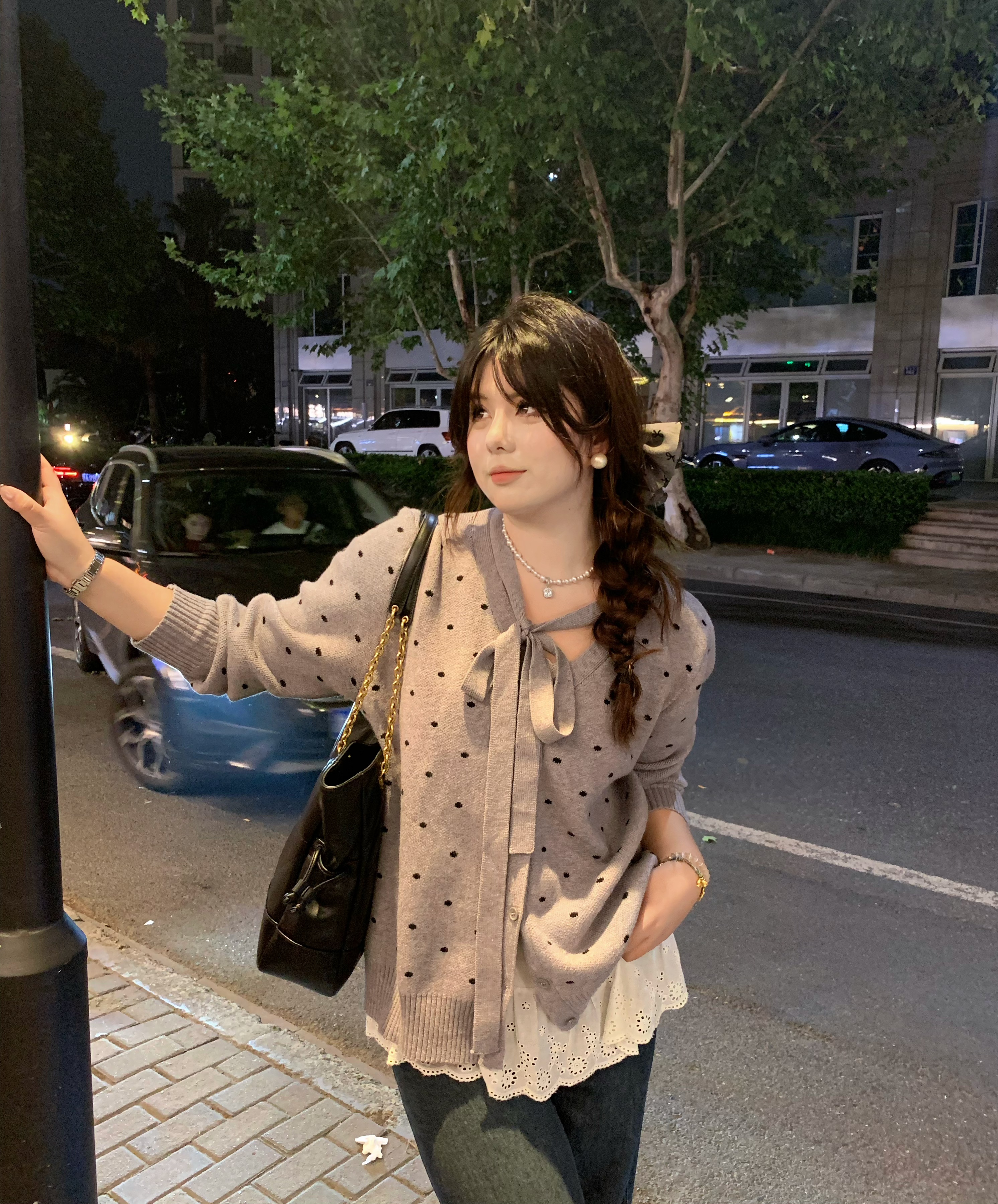 7033大码女装灰色波点蝴蝶结系带毛衣开衫外套秋冬内搭针织上衣