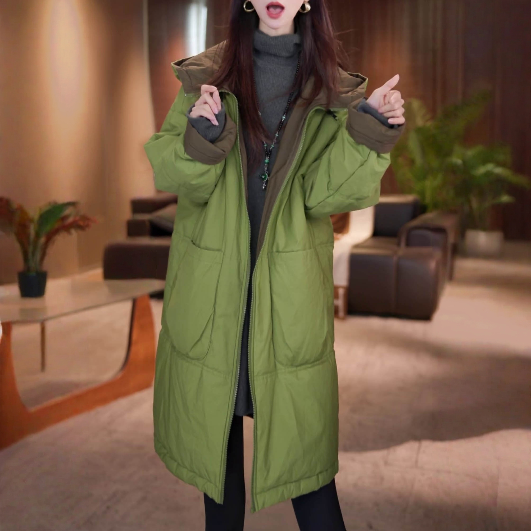 韩版宽松设计款纯色双面双穿中长款大口袋连帽防风棉衣2025秋冬女