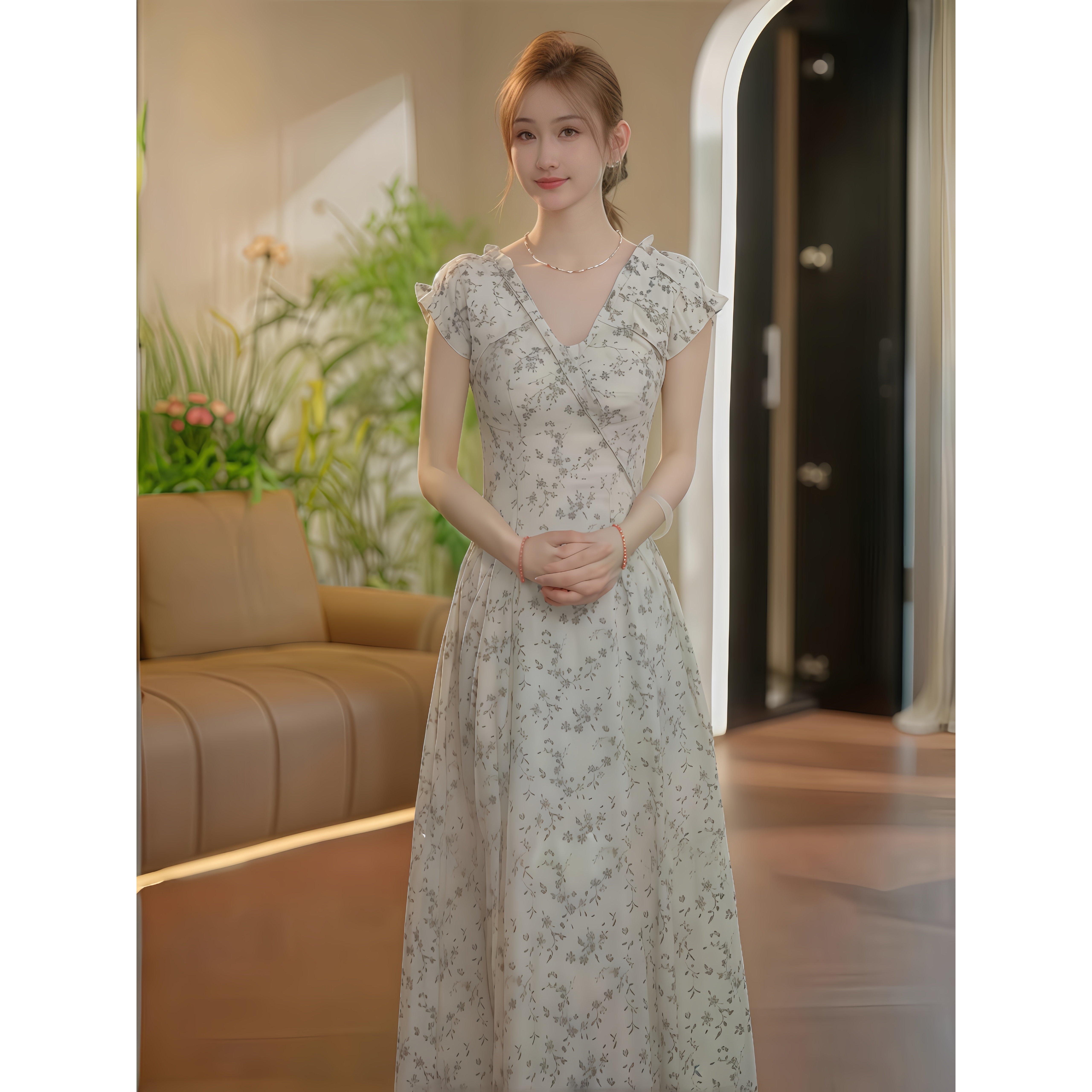 法式赫本风气质温柔碎花V领连衣裙女设计感印花超好看漂亮长裙子