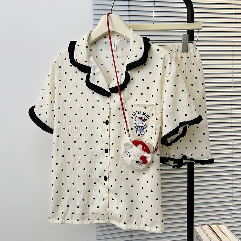睡衣夏季2025年新款高颜值波点KT猫慵懒风短袖短裤家居服套装