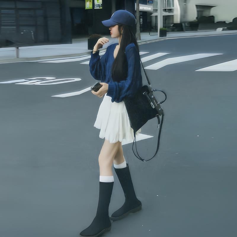 VOCKOO官方多巴胺藏青色V领宽松慵懒风针织衫内搭秋款韩系氛围感