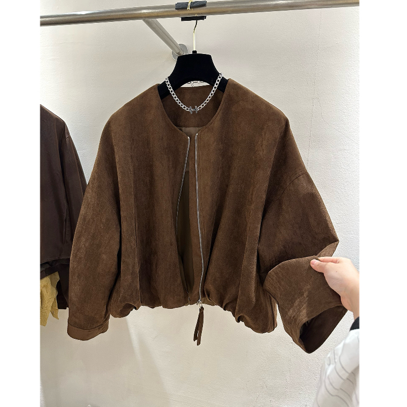 高端欧货秋季新款宽松显瘦复古麂皮绒圆领拉链夹克外套洋气上衣女