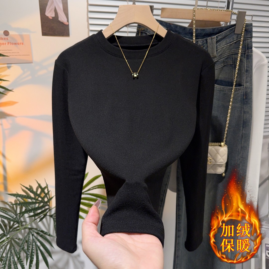 秋冬加绒小立领打底衫女保暖显瘦百搭长袖半高领双面磨毛内搭上衣