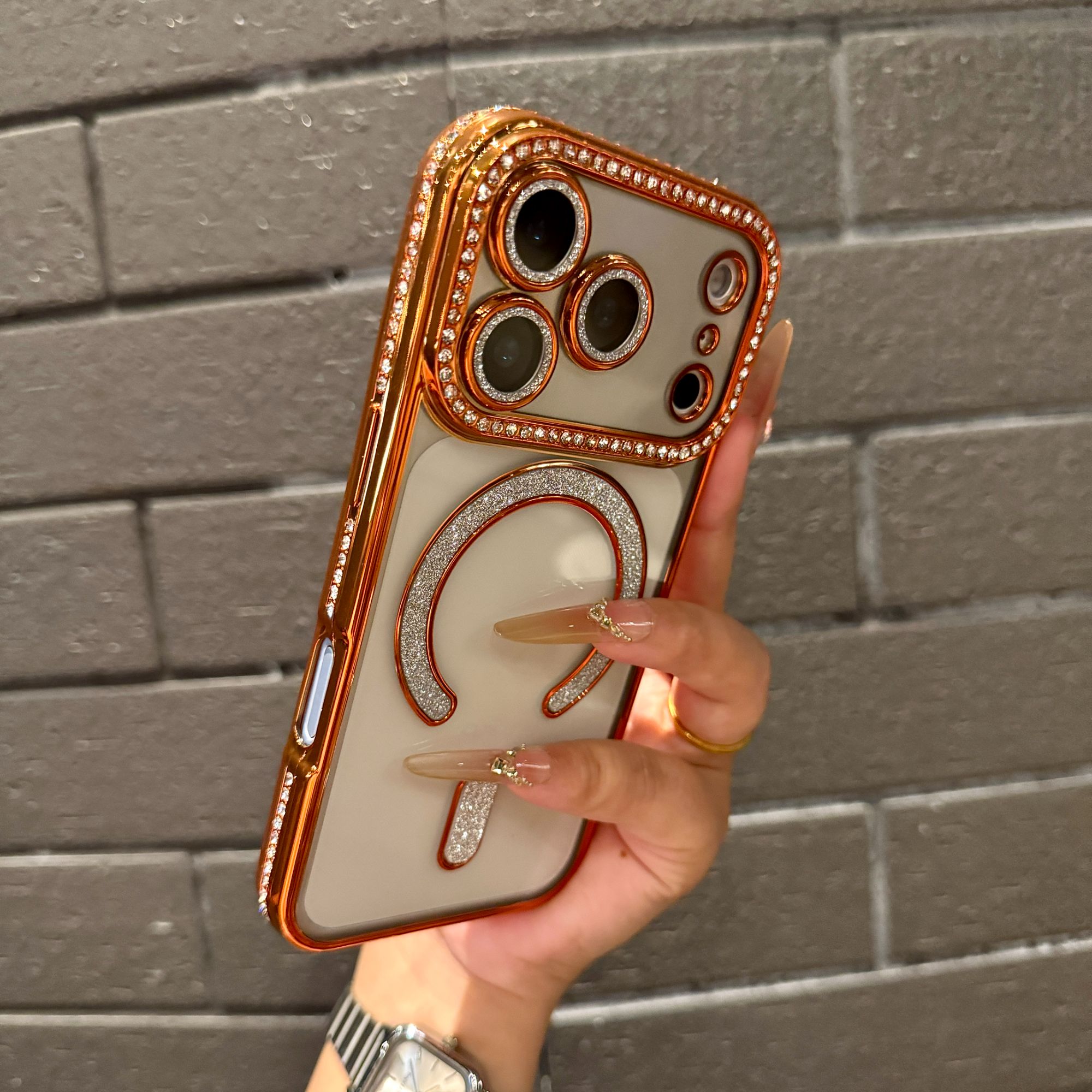 适用于苹果17promax手机壳透明水钻奢华网红16磁吸镜头全包15防摔