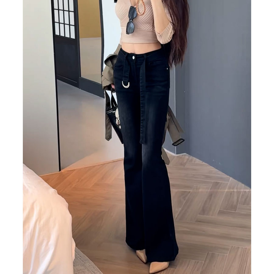 黑灰小个子微喇牛仔裤女2026春秋高腰百搭弹力显瘦修身喇叭长裤子