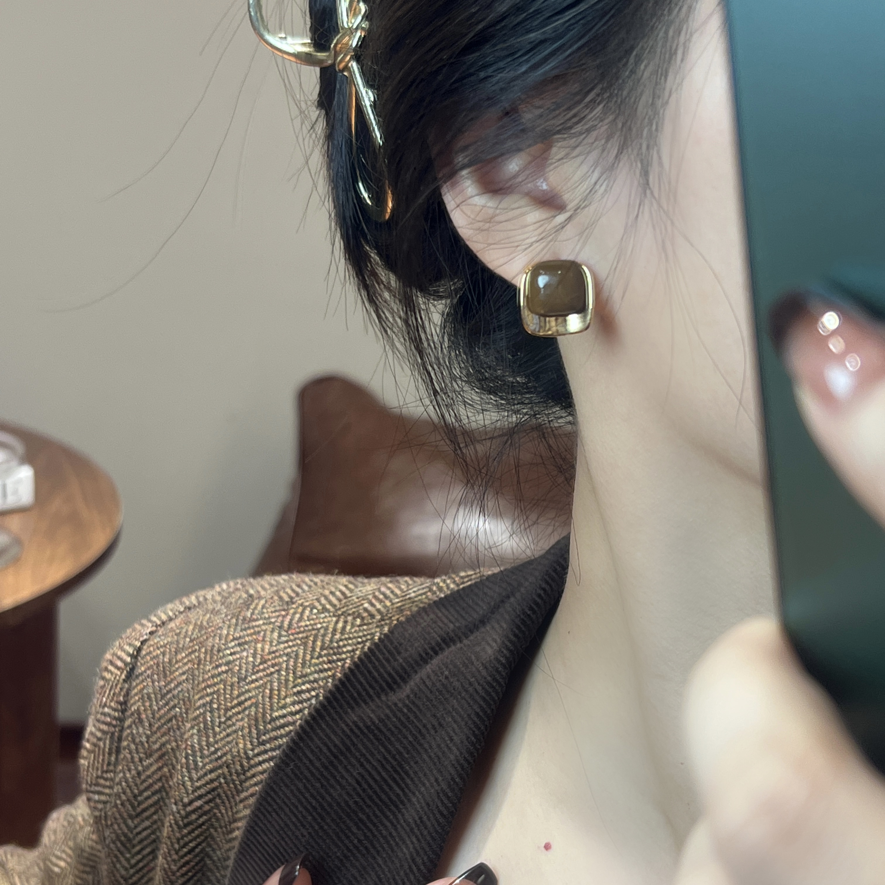 铜合金耳饰 美拉德几何方形耳钉轻奢高级感气质百搭耳环秋冬耳饰