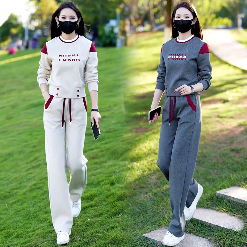 高含棉2026年春秋新款休闲套装女士显瘦减龄拼色卫衣阔腿裤两件套