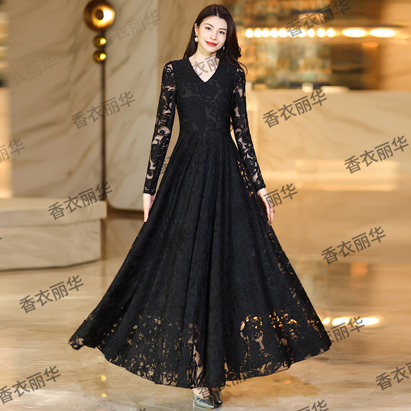 香衣丽华05-黑色剪花长款过膝过膝V领大摆连衣裙修身显瘦气质简约