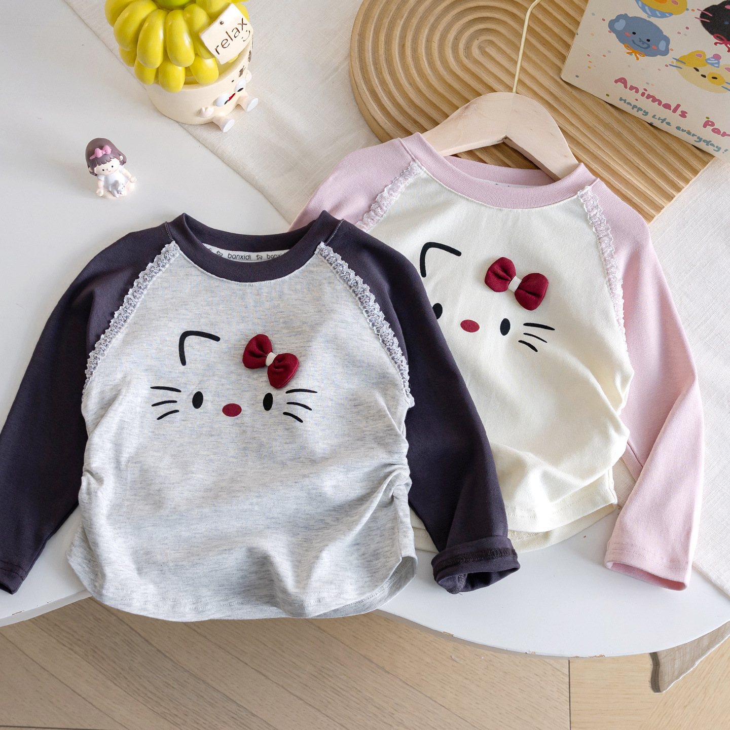 韩系女童秋季装甜美宝宝卡通kt猫长袖打底衫新款蕾丝花边撞色T恤