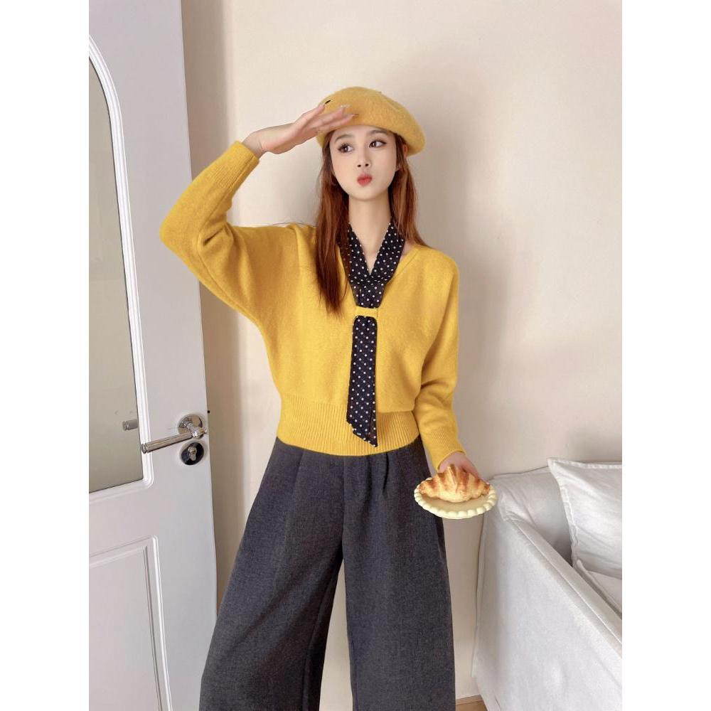 法式复古气质v领波点丝巾领带套头针织衫女加厚软糯短款毛衣I1-89