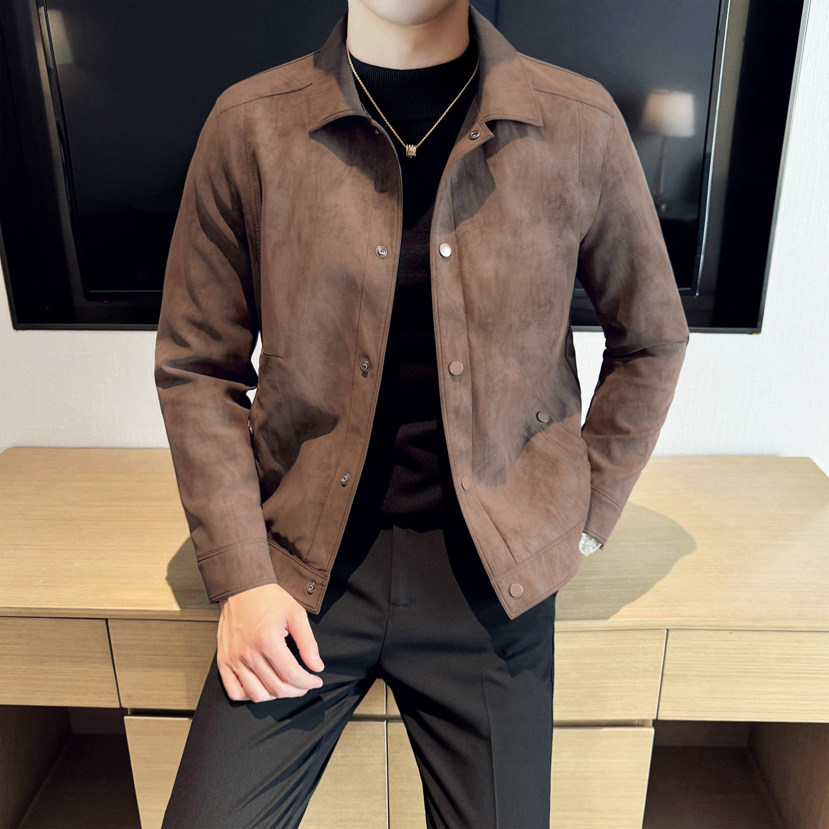 秋冬季外套男韩版修身男士夹克男士休闲上衣服帅气翻领夹克男