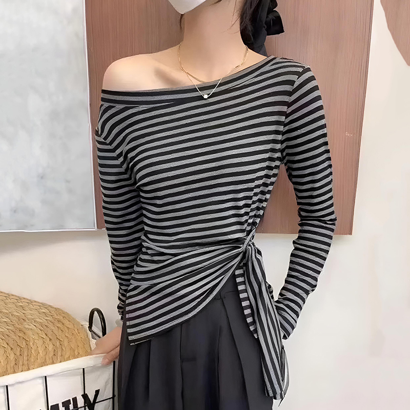 大码韩系斜肩条纹长袖t恤女夏季女装胖mm遮肉显瘦体恤不规则上衣