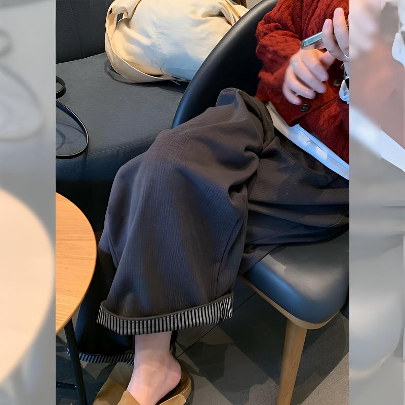 孕妇休闲裤秋冬季复古韩版设计感宽松加绒抽绳无托腹卷边阔腿长裤