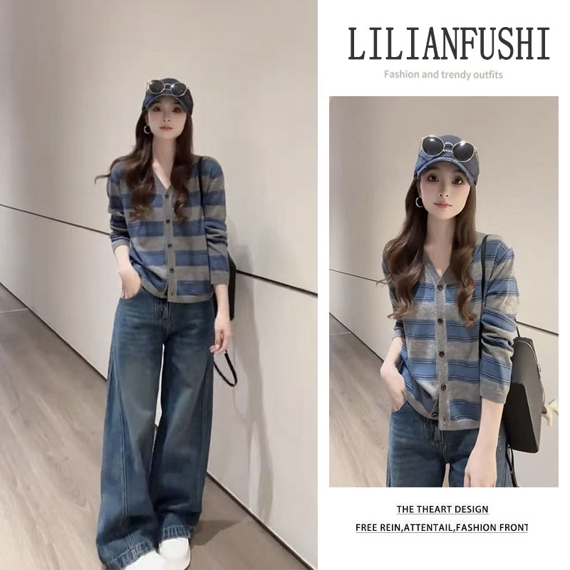 【热度现货】秋季穿搭一整套2025新款条纹针织开衫显瘦牛仔裤两件套