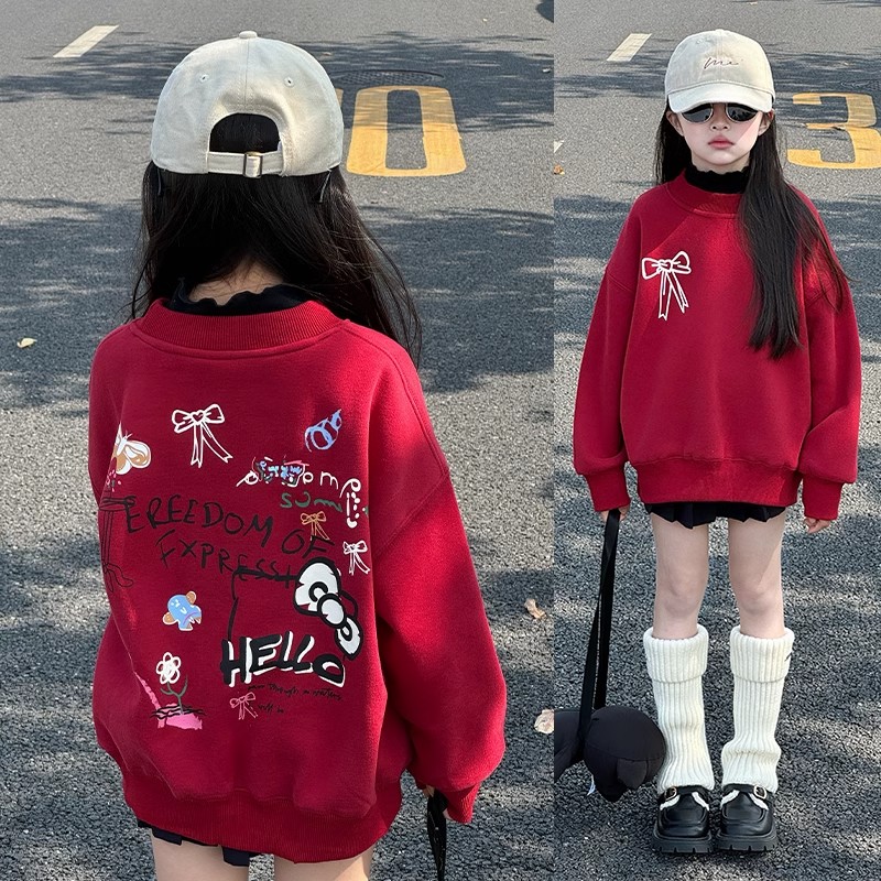 女童加绒卫衣秋冬2025新款儿童圣诞节上衣女大童冬季红色新年衣服