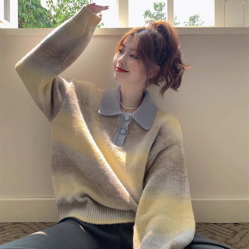 2025早秋温柔软糯渐变彩色Polo翻领洋气宽松慵懒风套头针织毛衣女
