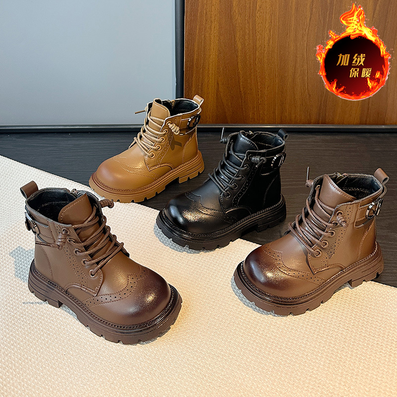 秋冬加绒儿童韩版马丁靴女童复古皮靴男童棉靴大黄靴中大童鞋3022