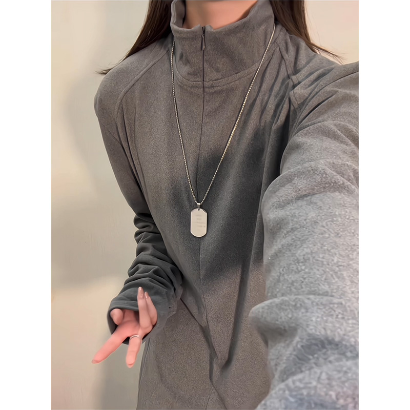 半拉链德绒打底衫男冬季纯色保暖卫衣秋冬款叠穿美式重磅长袖t恤