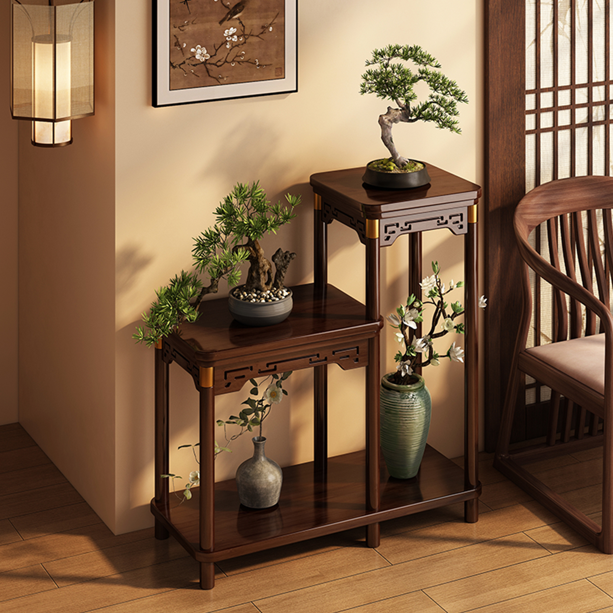 实木新中式花架子客厅落地式置物架阳台宋代美学花盆托架2025新款