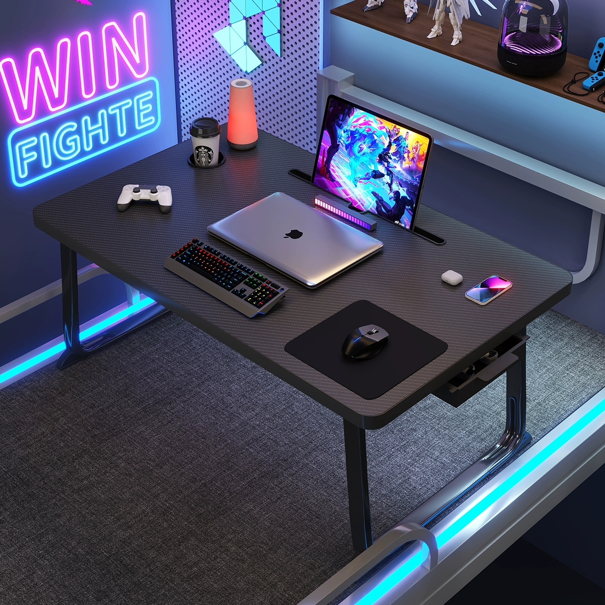 小桌子折叠放床上游戏电竞风碳纤维纹理小型的电脑桌宿舍学习桌子