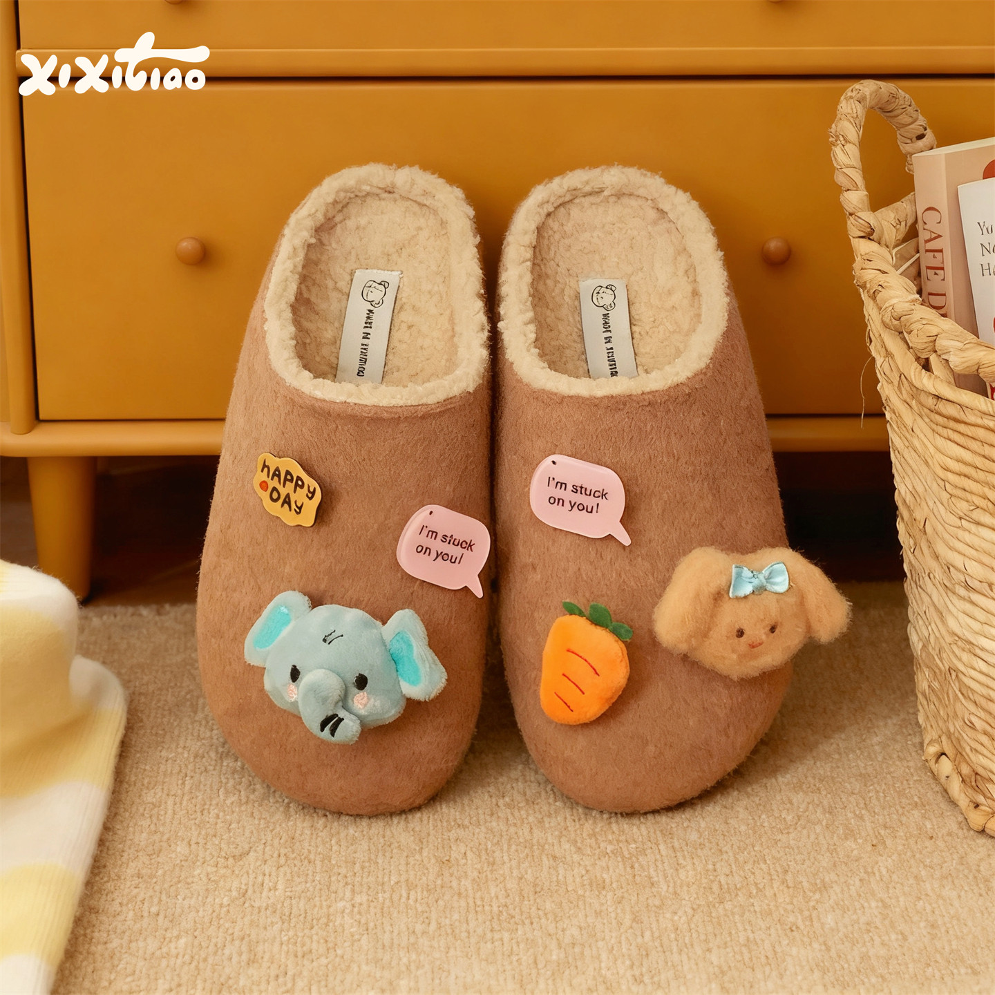 细细条 卡通小象土豆鞋百搭女秋冬新款时尚学生一脚蹬勃肯棉拖鞋
