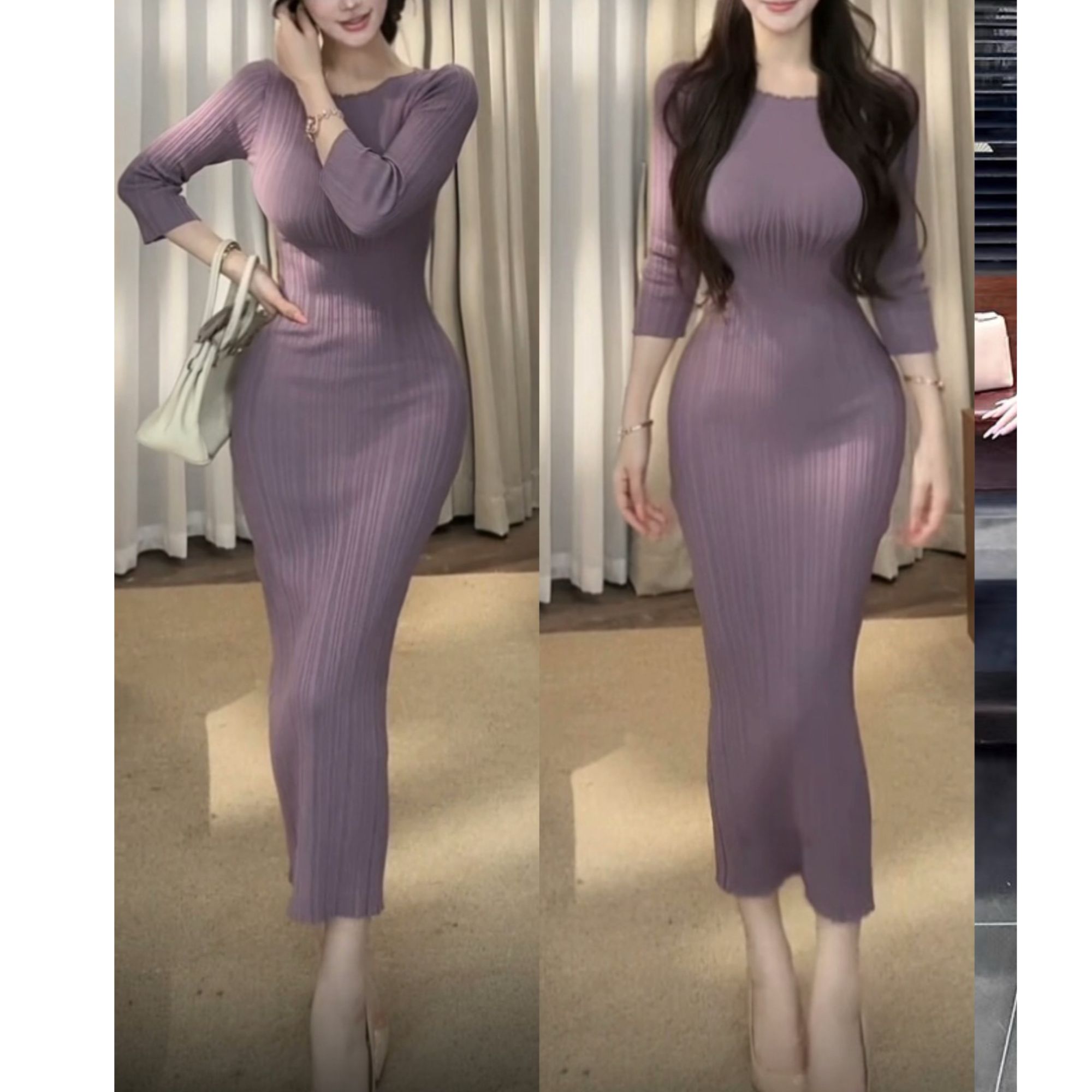 淡颜韩女气质时尚修身针织包臀裙秋冬收腰显瘦小众设计感连衣裙