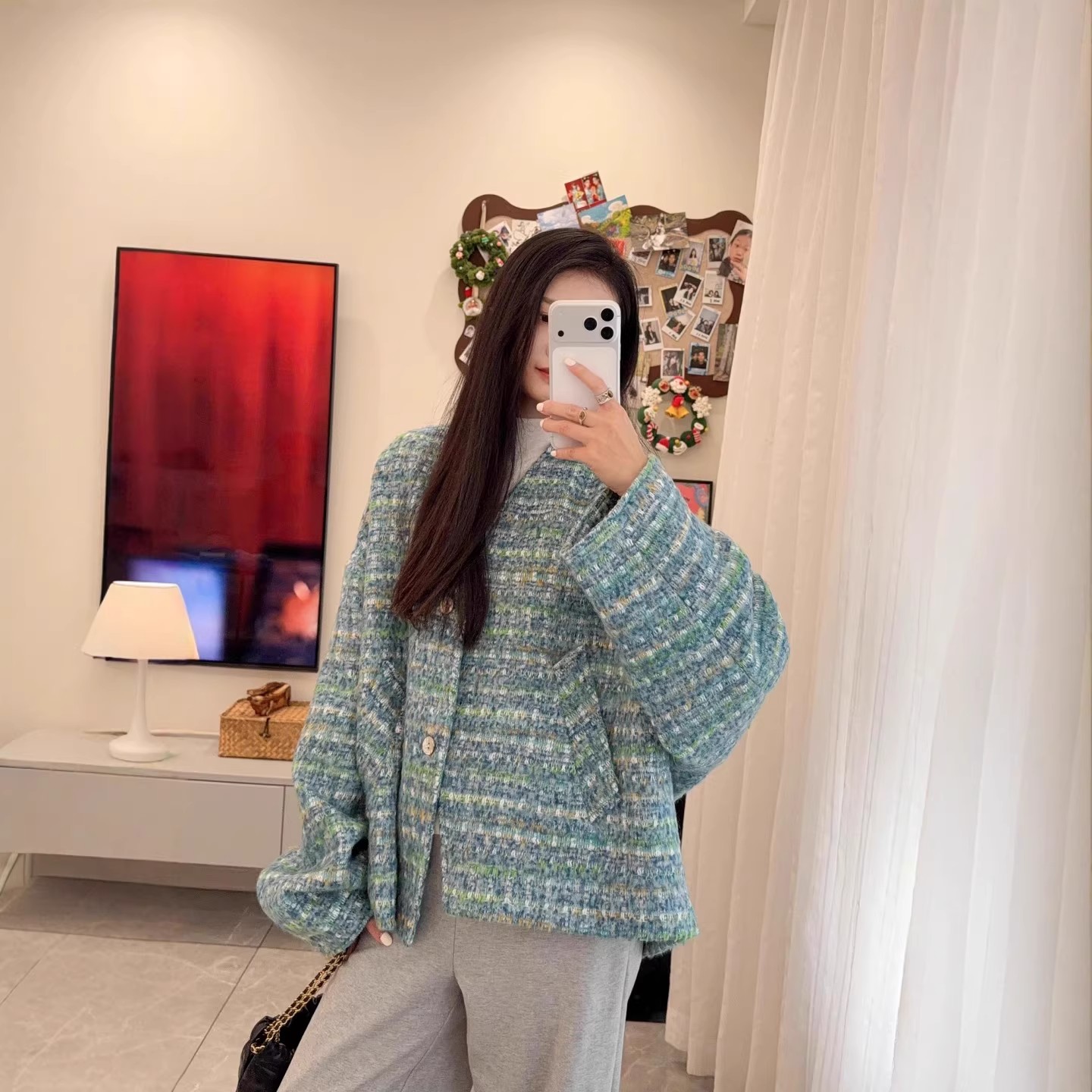 秋冬款蓝色小香风毛呢外套女小个子高级感宽松保暖粗花呢短款大衣