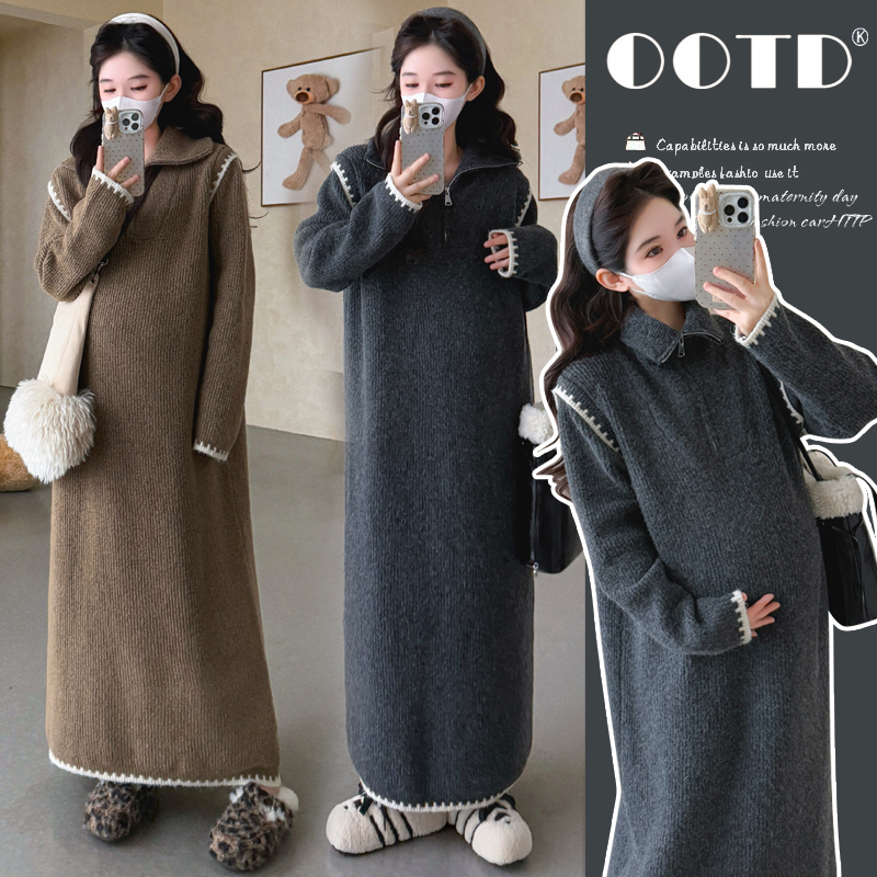 孕妇连衣裙2025秋冬新品秋冬毛衣拉链直筒针织连衣裙外穿孕妇装
