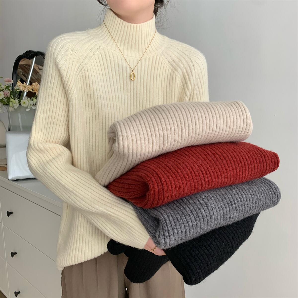 韩系百搭杏色高领坑条针织衫女秋冬慵懒风毛衣内搭长袖打底衫上衣