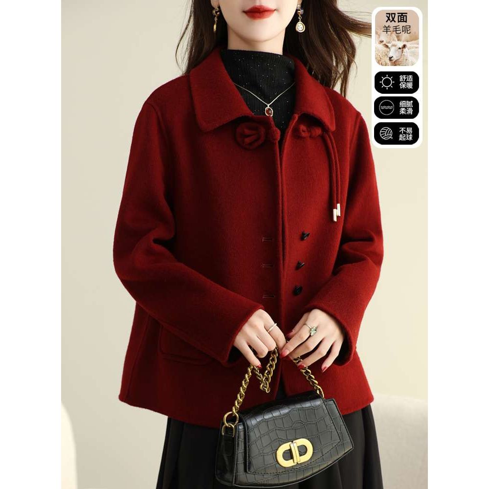 妈妈秋冬短款羊毛呢外套喜婆婆婚宴装中年女秋双面呢大衣2025新款
