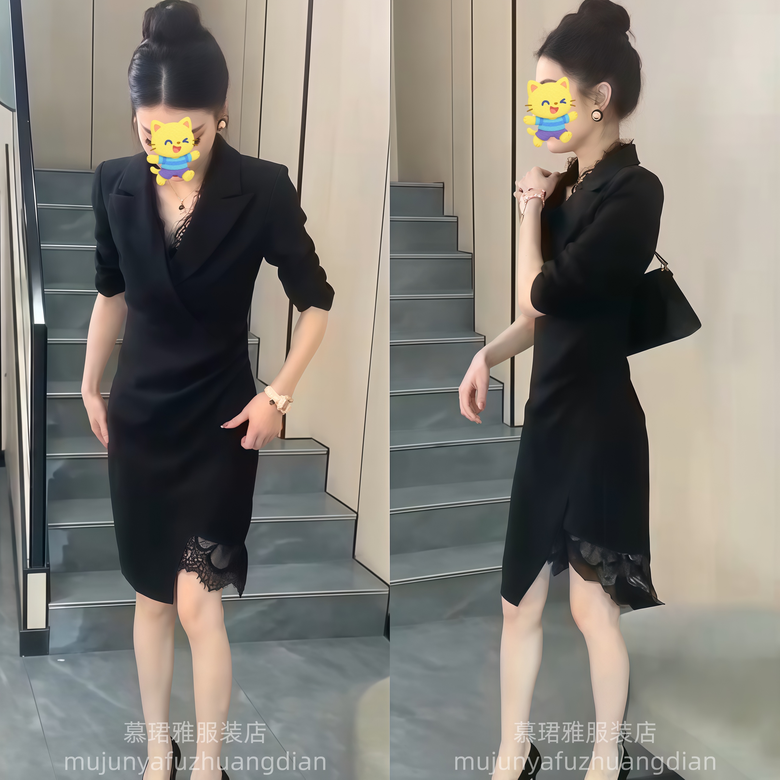 轻奢高端感连衣裙2025年春夏新款西装领纯色蕾丝拼高腰修身裙