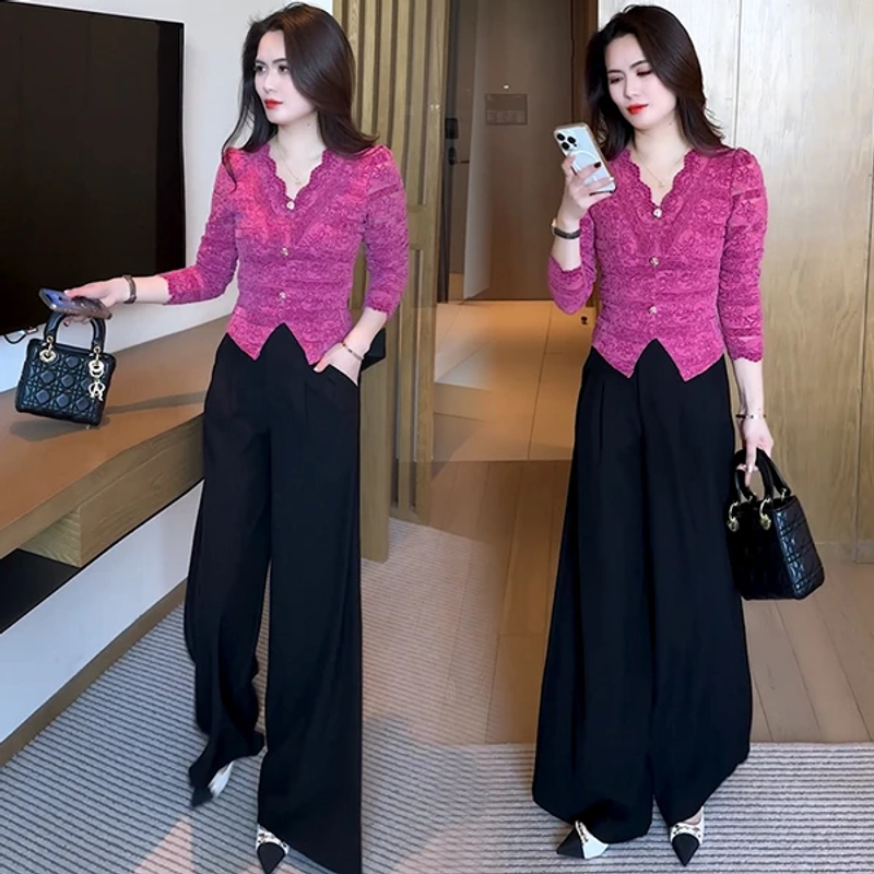 蕾丝套头V领蕾丝衫秋季复古洋气减龄时尚设计感上衣阔腿裤套装