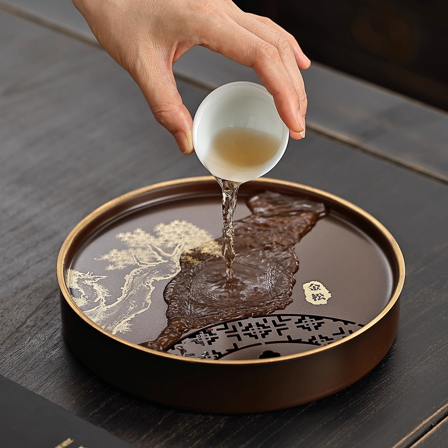 纯黄铜茶盘小型家用高档紫铜壶承储水式干泡台复古养壶托盘茶海台